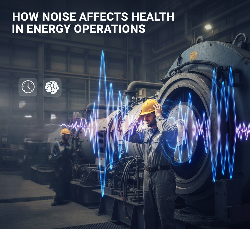 Infographic showing how industrial noise from oil and gas operations impacts public health and how acoustic engineering reduces exposure through mitigation and vibration control.